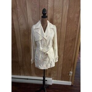 Joujou Women's White Belted Trench Coat Size S Small Button Up Belted Jacket